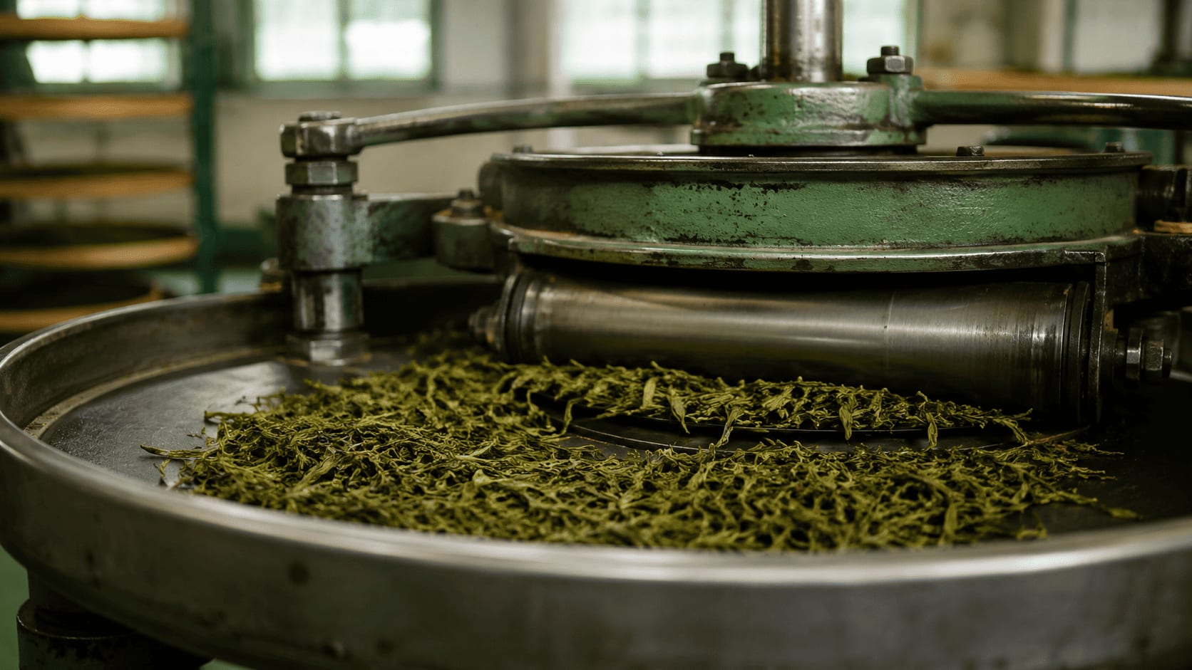 A rolling machine twisting withered tea leaves.