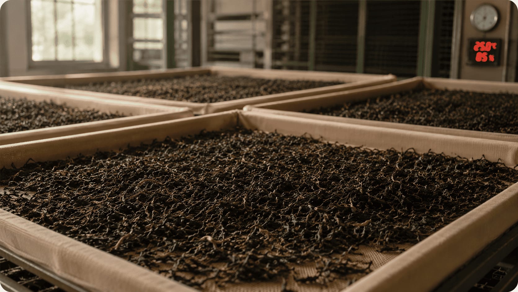 Rolled tea leaves oxidising and darkening on a fermenting bed.