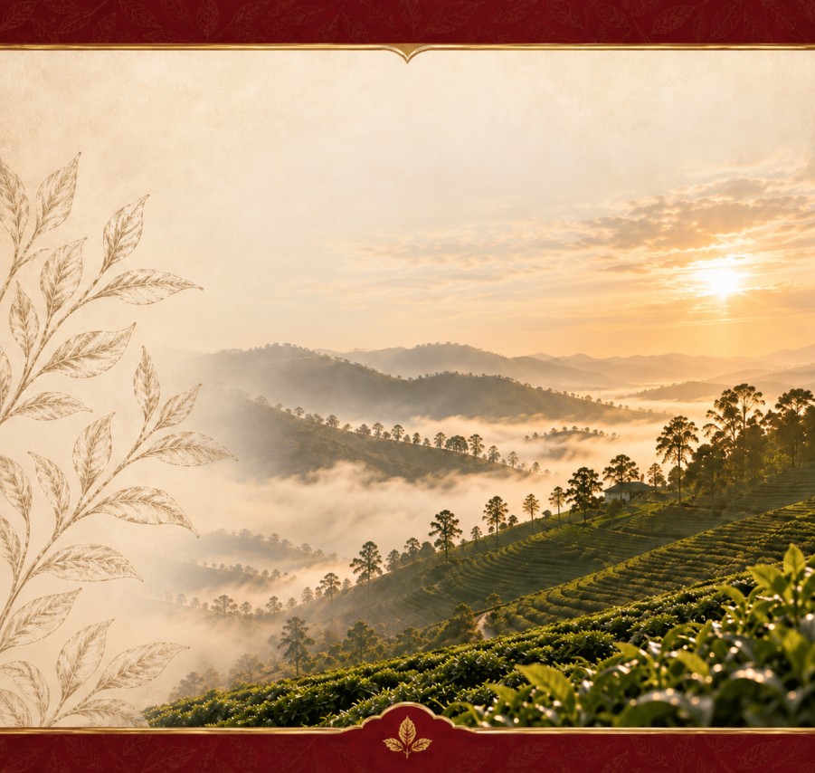 Rows of tea bushes across a St. Clair's highland estate