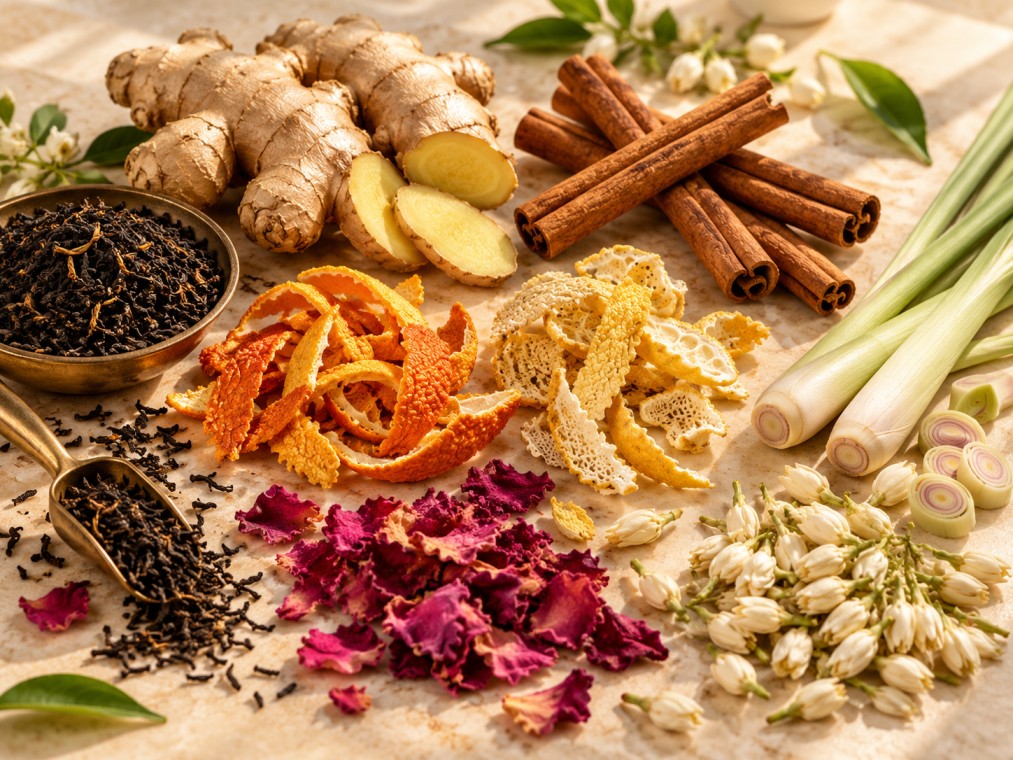 Loose Ceylon tea and whole spices being measured for a blend